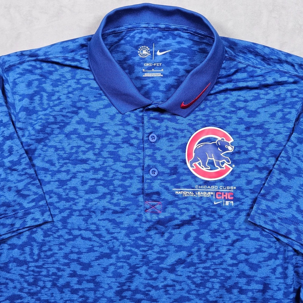Nike Chicago Cubs Polo Shirt Mens Medium Blue Camo Dri-Fit Logo MLB Swoosh